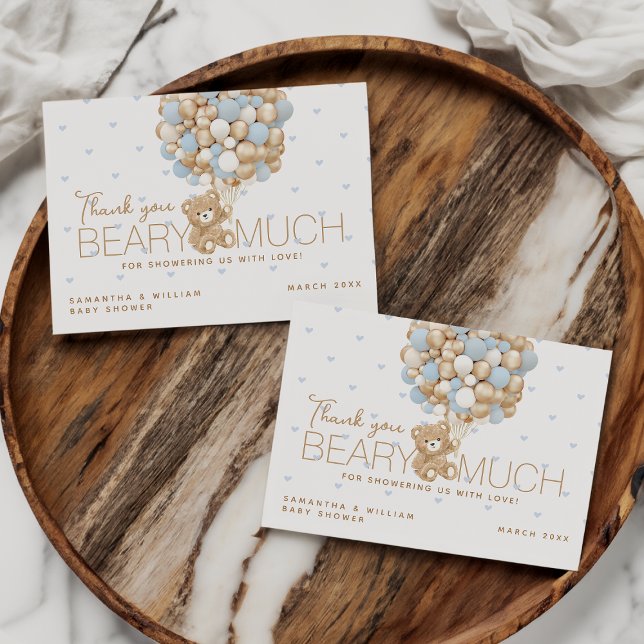 Teddy Bear Blue Heart & Balloon Baby Boy Show Dankeskarte (Von Creator hochgeladen)