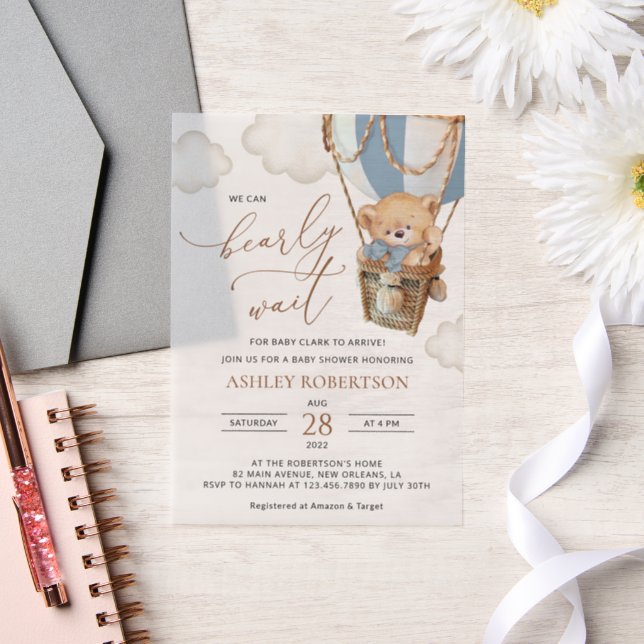 Teddy Bear, Blue Hot Air Ballon, Babydusche (Hochzeit)