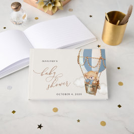 Teddy Bear, Blue Hot Air Ballon, Babydusche Gästebuch