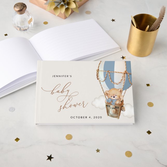 Teddy Bear, Blue Hot Air Ballon, Babydusche Gästebuch (Vorderseite Offen)