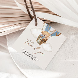 Teddy Bear, Blue Hot Air Ballon, Babydusche Geschenkanhänger