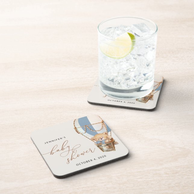 Teddy Bear, Blue Hot Air Ballon, Babydusche Getränkeuntersetzer (Rechte Seite)