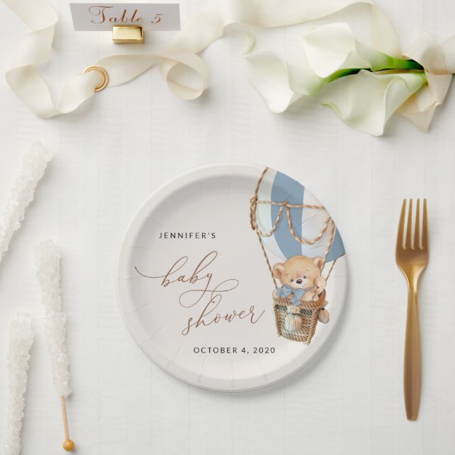 Teddy Bear, Blue Hot Air Ballon, Babydusche Pappteller (Hochzeit)