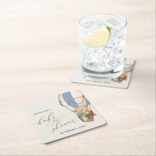 Teddy Bear, Blue Hot Air Ballon, Babydusche Rechteckiger Pappuntersetzer