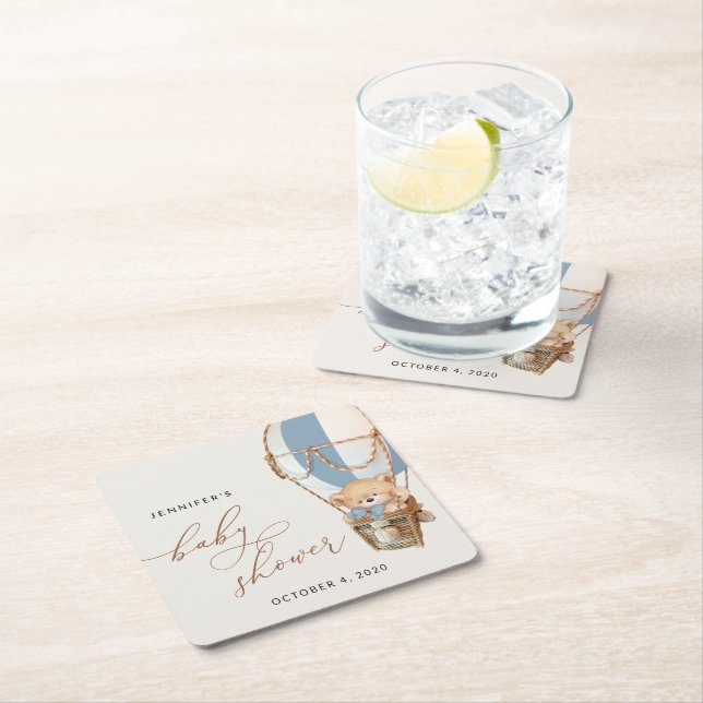 Teddy Bear, Blue Hot Air Ballon, Babydusche Rechteckiger Pappuntersetzer (Vor Ort)