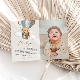 Teddy Bear, Blue Hot Air Ballon, erster Geburtstag Dankeskarte