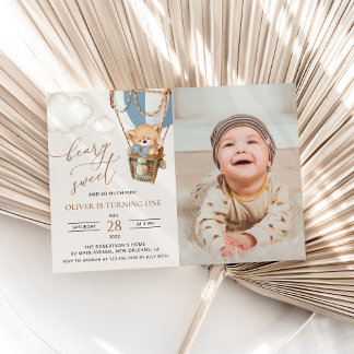 Teddy Bear, Blue Hot Air Ballon, erster Geburtstag Einladung