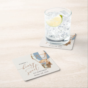 Teddy Bear, Blue Hot Air Ballon, erster Geburtstag Rechteckiger Pappuntersetzer