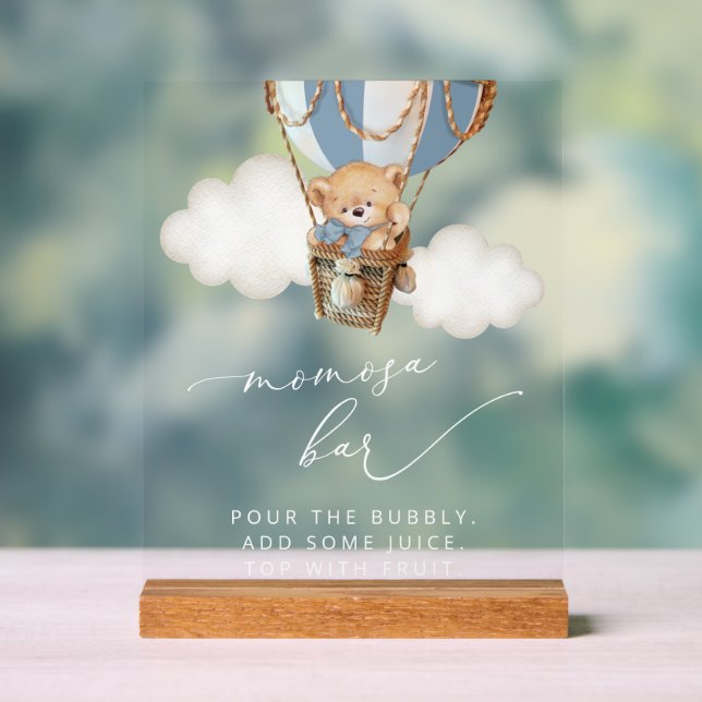 Teddy Bear, Blue Hot Air Ballon, Momosa Bar Acrylschild (Neutral)