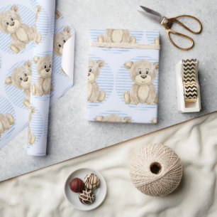 Teddy Bear Blue Muster Watercolor Baby Boy Dusche Geschenkpapier