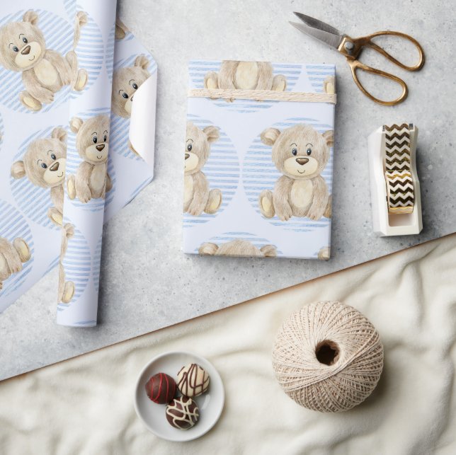 Teddy Bear Blue Muster Watercolor Baby Boy Dusche Geschenkpapier (Kunsthandwerk)