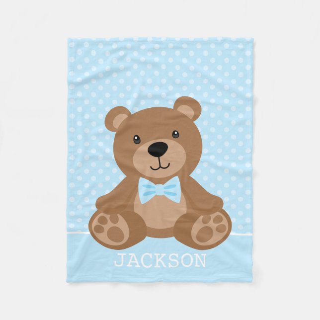 Teddy Bear Blue Polka Dot Personalisiert Boy Fleecedecke (Vorderseite)