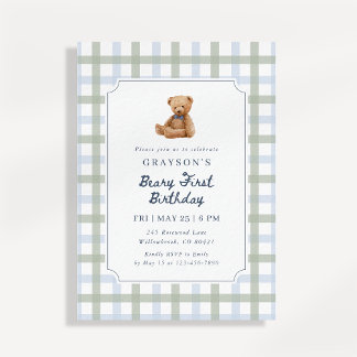 Teddy Bear Blue Sage Green First Birthday  Einladung