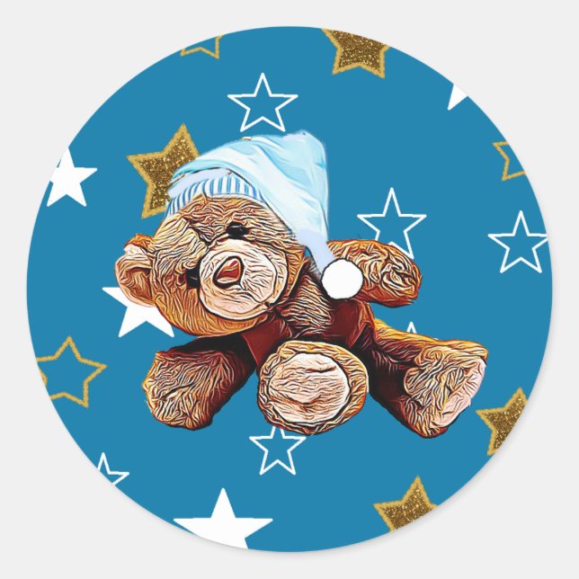 Teddy Bear Blue Stars Baby Shower Stickers (Vorderseite)