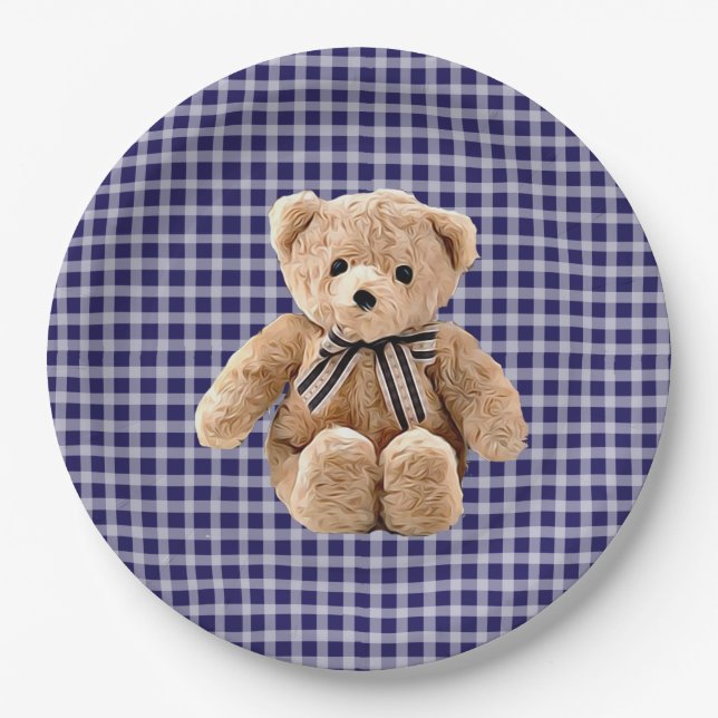 Teddy Bear Blue Streifen Party Plate Pappteller (Vorderseite)