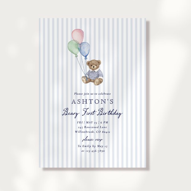 Teddy Bear Blue Stripes First Birthday Invitation  Ankündigung (Von Creator hochgeladen)
