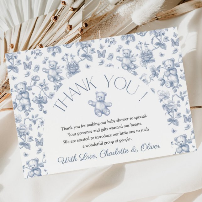 Teddy Bear Blue Toile Baby Dusche Danke Karte (Teddy Bear Blue Toile Baby Shower Thank You Card)