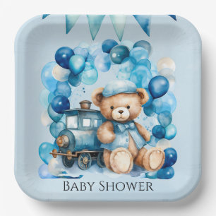 Teddy Bear Blue Train Boy Baby Dusche Pappteller