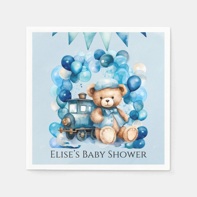 Teddy Bear Blue Train Boy Baby Dusche Serviette (Vorderseite)