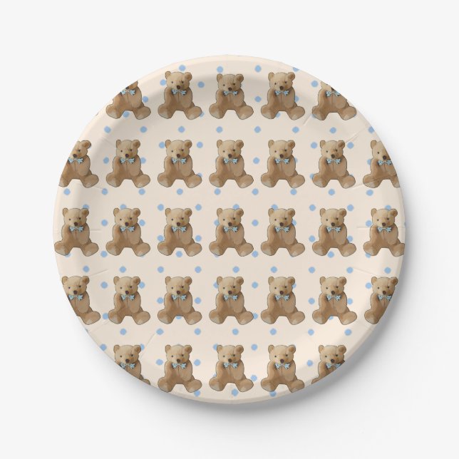Teddy Bear Blue und Tan Polka Dotted cake Plate Pappteller (Vorderseite)