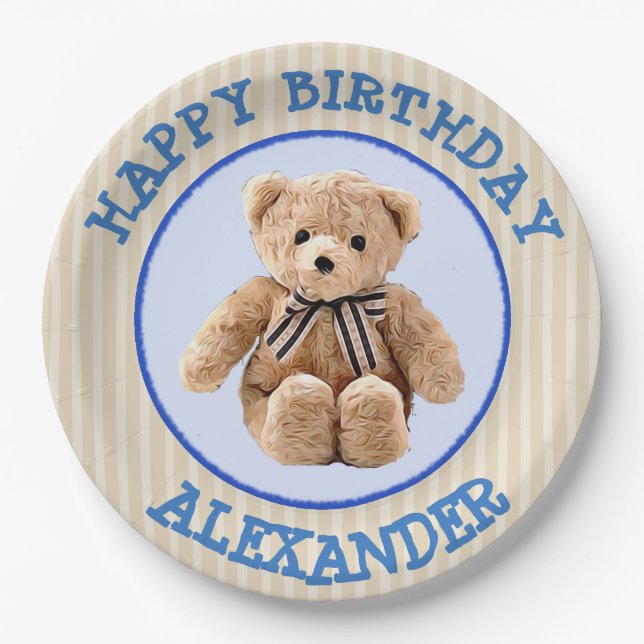 Teddy Bear Blue und Tan Polka Dotted Party Plate Pappteller (Vorderseite)