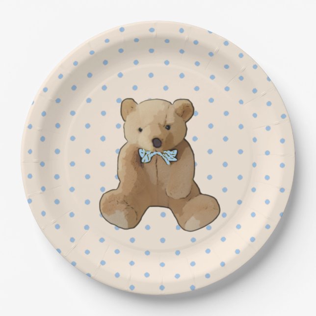 Teddy Bear Blue und Tan Polka Dotted Party Plate Pappteller (Vorderseite)