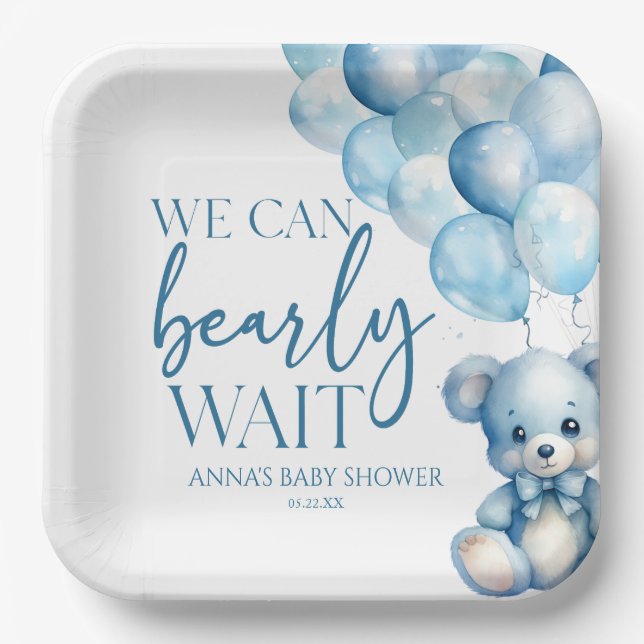 Teddy Bear Blue We Can Bearly Wait Baby Shower Pappteller (Vorderseite)