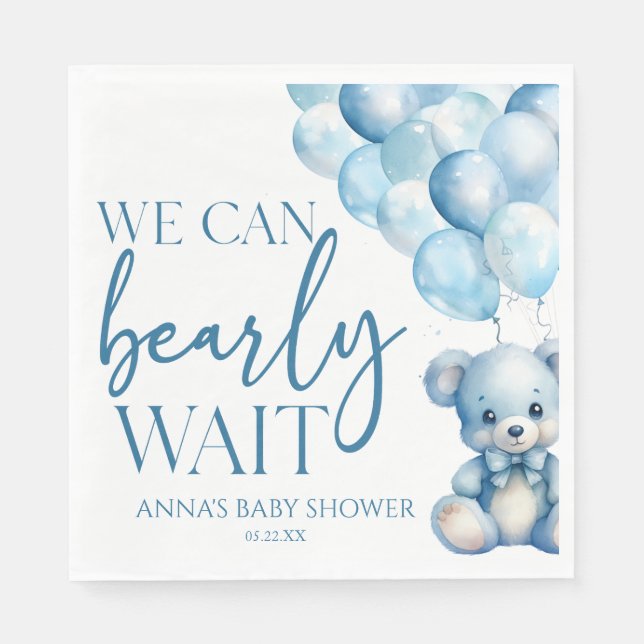 Teddy Bear Blue We Can Bearly Wait Baby Shower Serviette (Vorderseite)