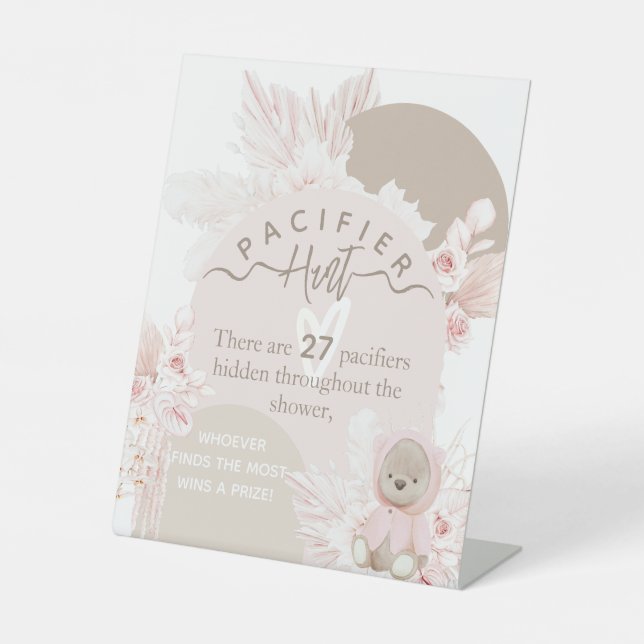 Teddy Bear Boho Baby Dusche Schnuller Jagdspiel Sockelschild (Vorderseite)