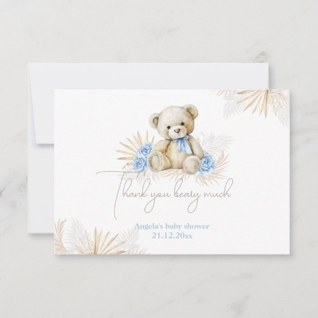 Teddy Bear Boho Blue Boy Baby Shower Dankeskarte (Vorderseite)