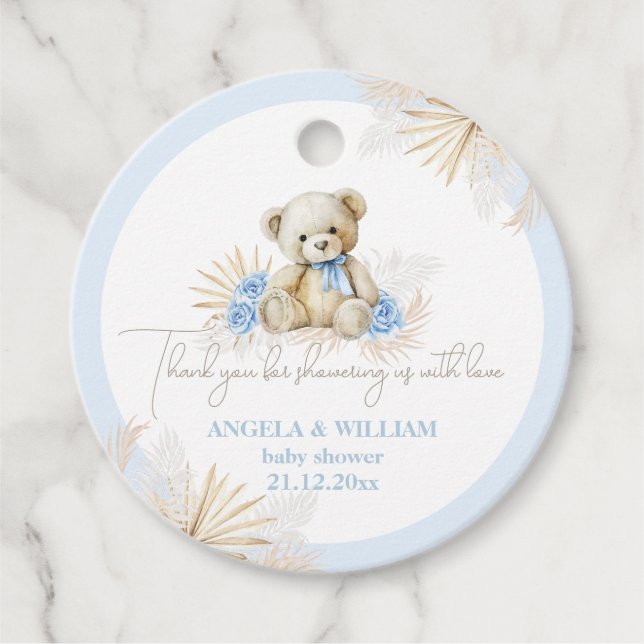 Teddy Bear Boho Blue Boy Danke Baby Dusche Geschenkanhänger (Vorderseite)