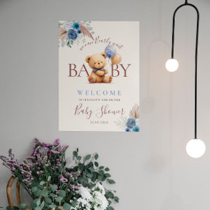 Teddy Bear Boho Blue Rose Balloon Babydusche Poster