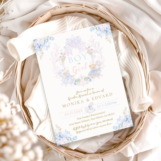 Teddy Bear Bow Floral Boy oder Girl Gender Reveal Einladung (Von Creator hochgeladen)