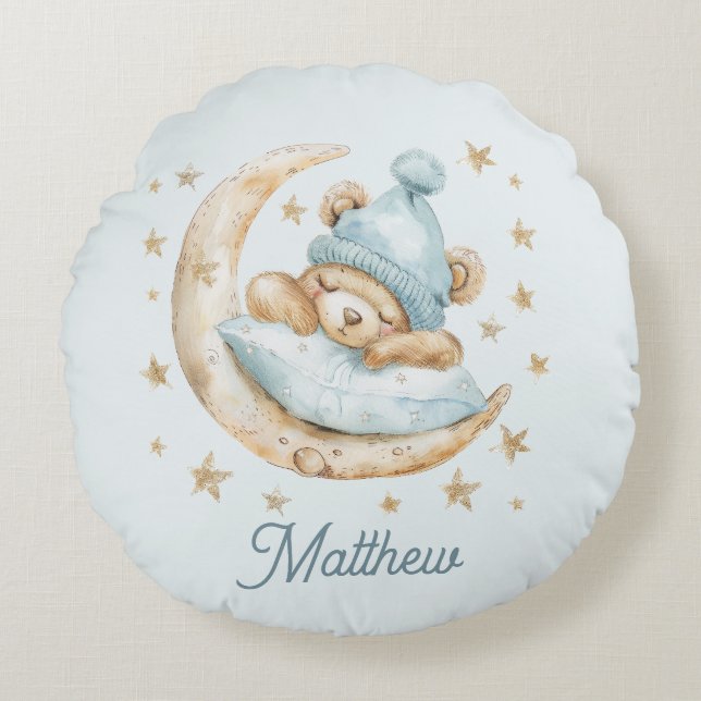 Teddy Bear Boy Baby Blankets Moon Stars Name Blau Rundes Kissen (Vorderseite)