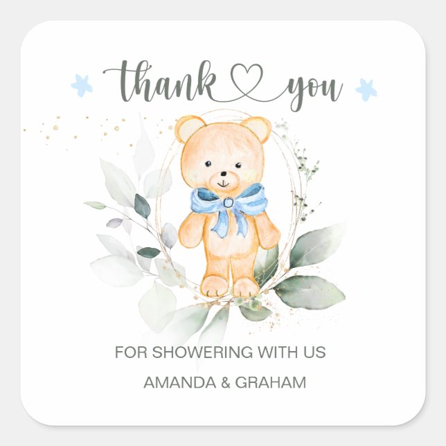 Teddy Bear Boy Baby Dusche Danke Sticker (Vorderseite)