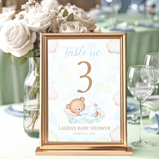 Teddy Bear Boy Baby Dusche Tischnummer Zeichen (Teddy Bear Boy Baby Shower Table Number Sign)
