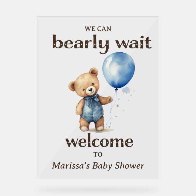 Teddy Bear Boy Baby Dusche Willkommen Acrylschild (Vorderseite)