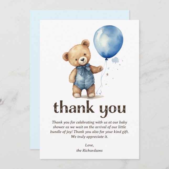 Teddy Bear Boy Baby Shower Dankeskarte (Vorne/Hinten)