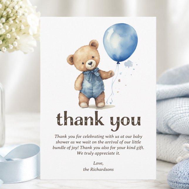 Teddy Bear Boy Baby Shower Dankeskarte (personalized cute elegant blue teddy bear we can bearly wait baby boy shower thank you card)