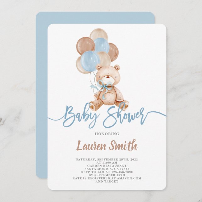 Teddy Bear Boy Baby Shower Einladung (Vorne/Hinten)