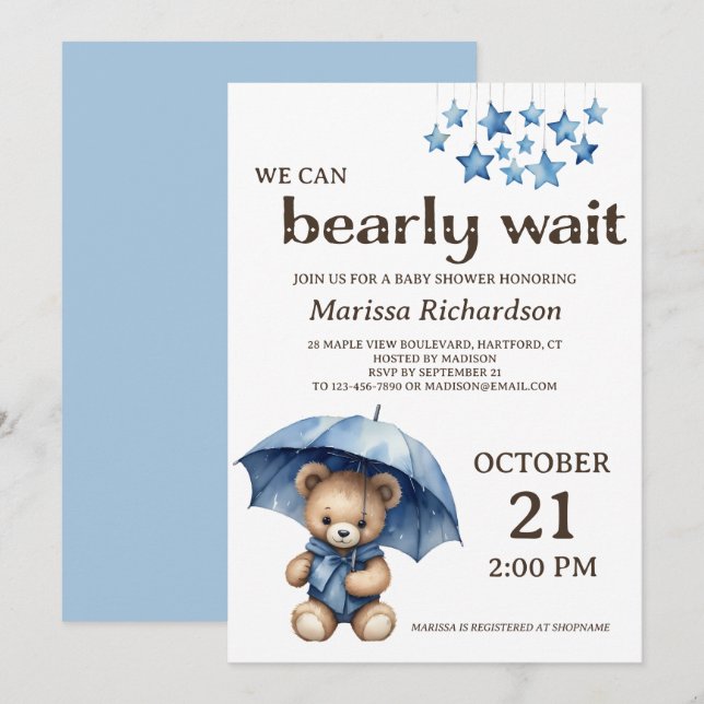 Teddy Bear Boy Baby Shower Einladung (Vorne/Hinten)