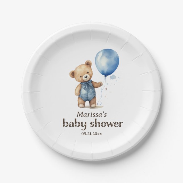 Teddy Bear Boy Baby Shower Paper Plate Pappteller (Vorderseite)