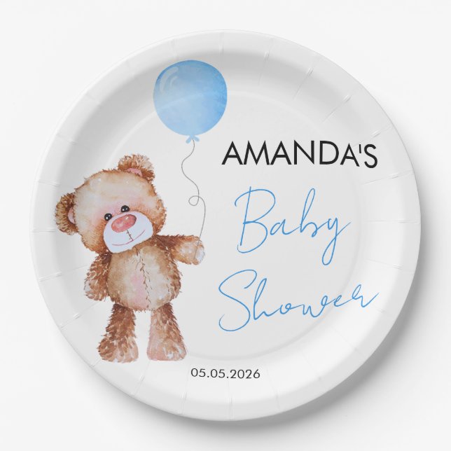 Teddy Bear Boy Baby Shower Pappteller (Vorderseite)