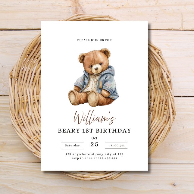 Teddy Bear Boy Birthday Party Beary 1st Birthday Einladung (Von Creator hochgeladen)