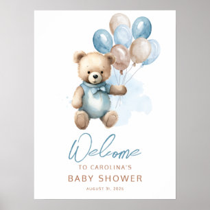 Teddy Bear Boy Blue Baby Dusche Begrüßungszeichen Poster