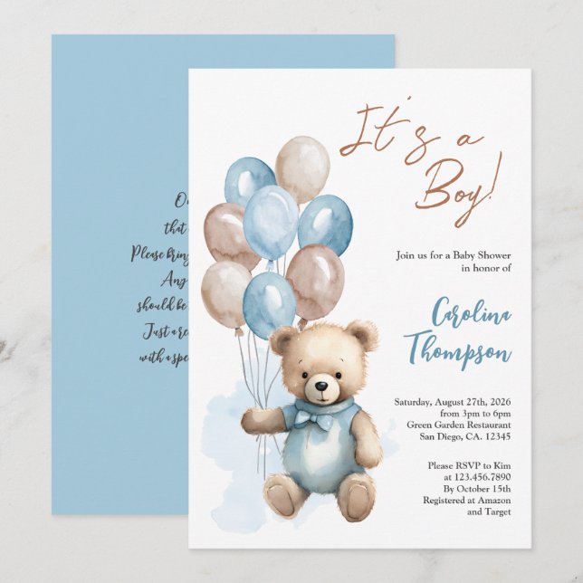 Teddy Bear Boy Blue Balloons Babydusche Einladung (Vorne/Hinten)