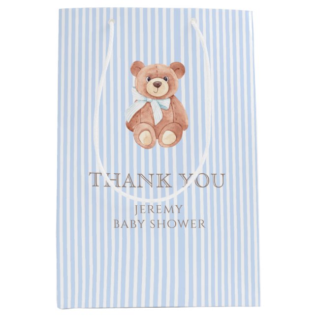 Teddy Bear Boy Classic Blue Stripe Baby Dusche Mittlere Geschenktüte (Vorderseite)