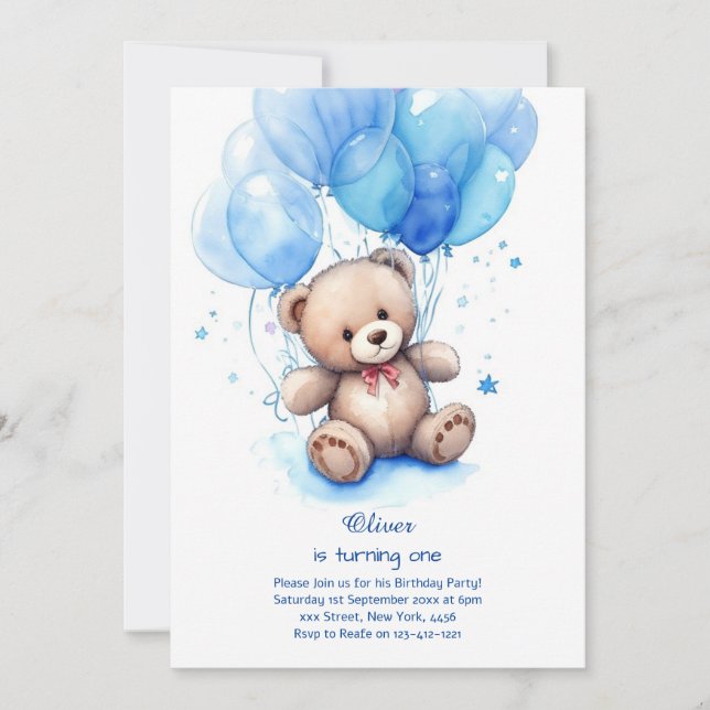 Teddy Bear Boy Einladung zum ersten Geburtstag (Vorderseite)