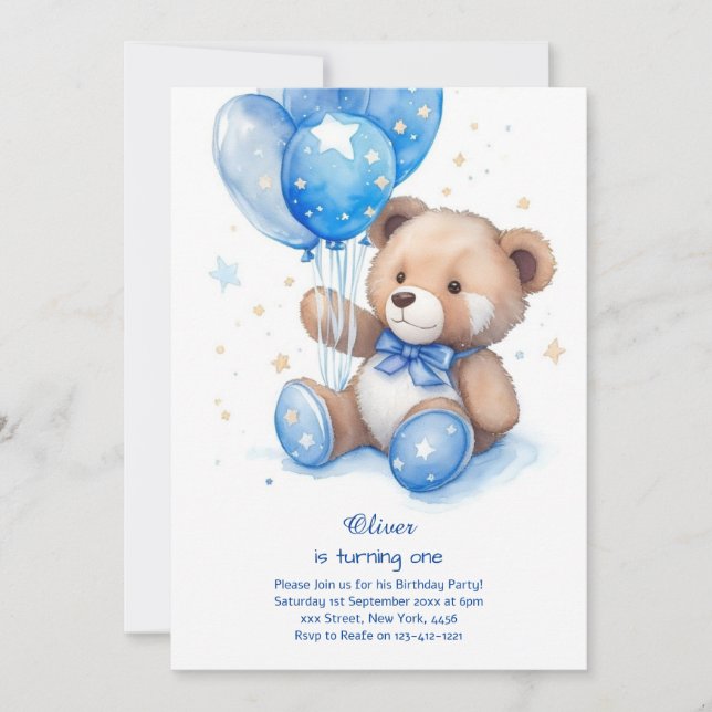 Teddy Bear Boy Einladung zum ersten Geburtstag (Vorderseite)