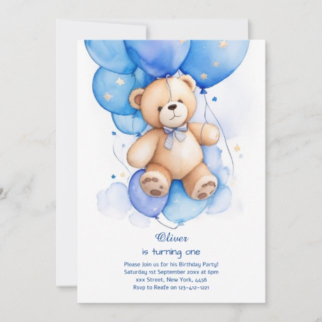 Teddy Bear Boy Einladung zum ersten Geburtstag (Vorderseite)